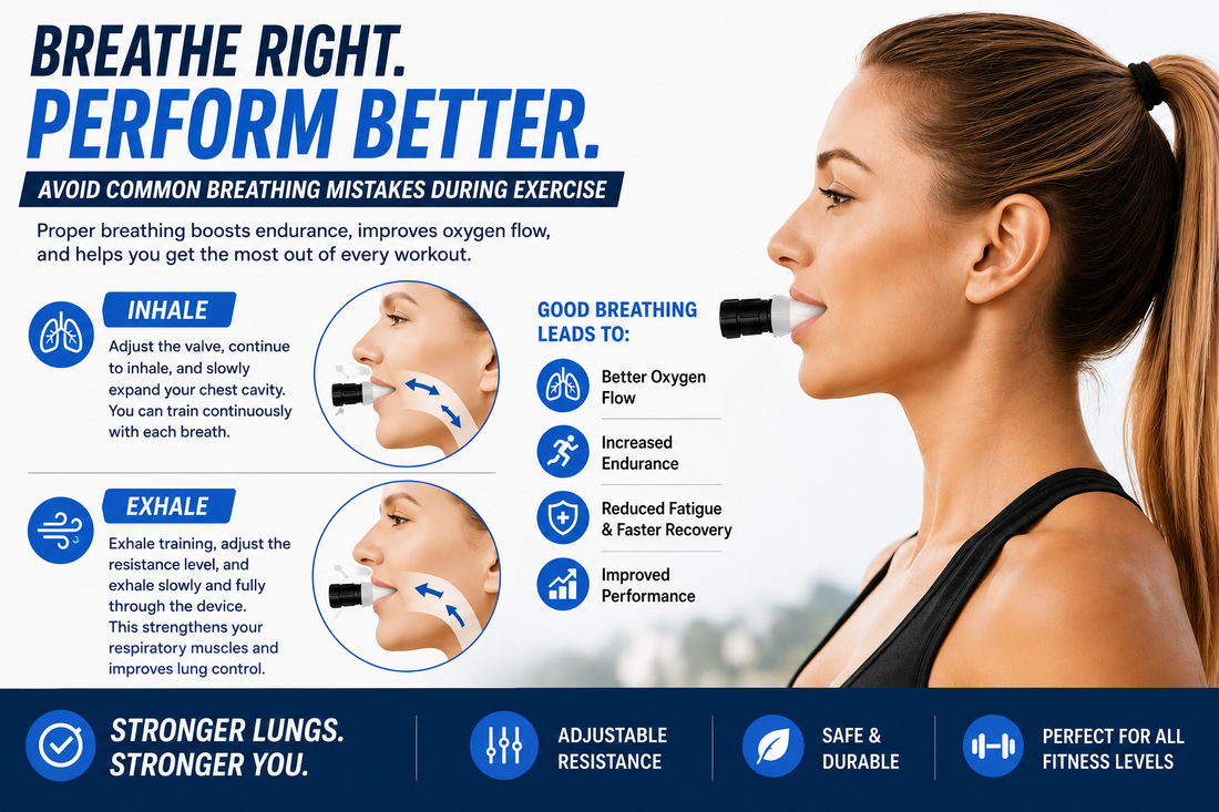 Breathing trainer guide showing correct breathing techniques to avoid common breathing mistakes during exercise and improve lung performance.