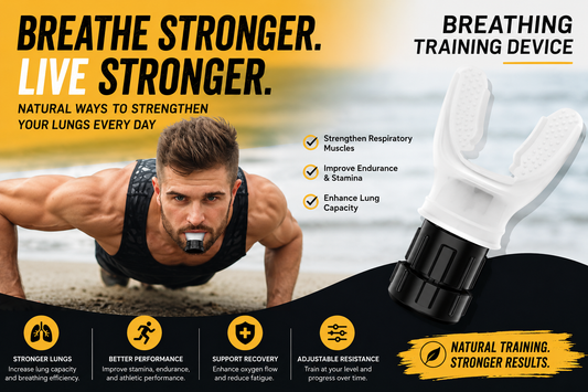 Athlete using a breathing training device to strengthen respiratory muscles, improve lung capacity, increase endurance, and support natural breathing performance.