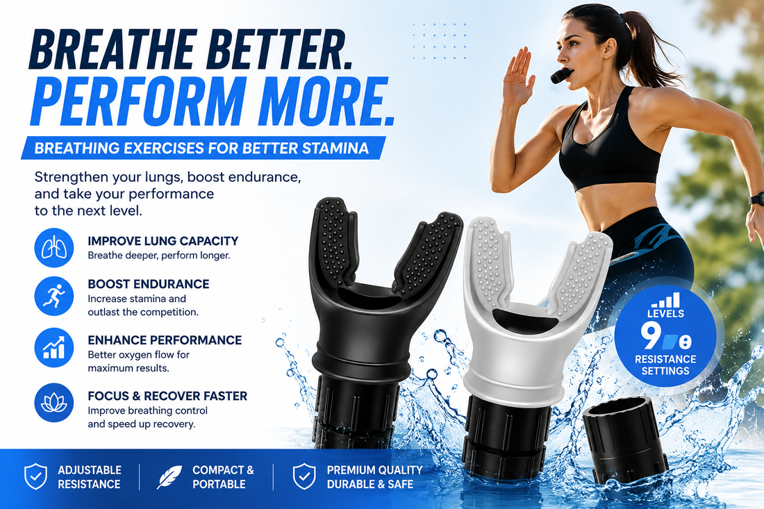 Athlete using a breathing trainer to improve stamina, endurance, and lung strength with adjustable resistance training.