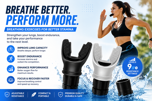 Athlete using a breathing trainer to improve stamina, endurance, and lung strength with adjustable resistance training.