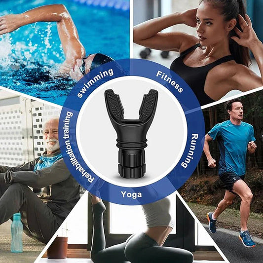 Respiratory muscle training device used for fitness, running, swimming, yoga, and rehabilitation breathing exercises.