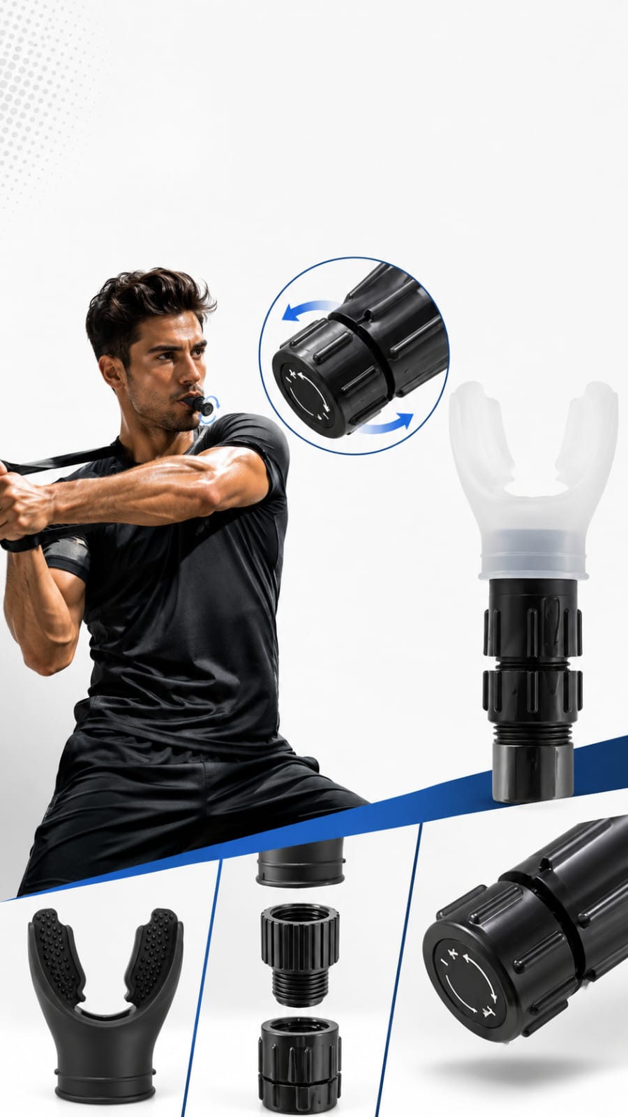 Athlete using an adjustable breathing trainer to strengthen respiratory muscles, improve lung capacity, and increase endurance during fitness training.