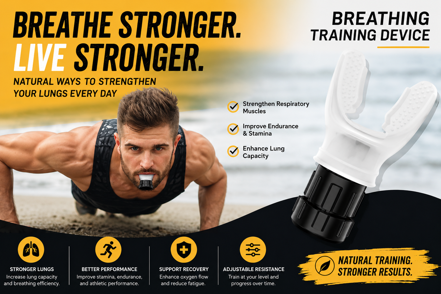 Athlete using a breathing training device to strengthen respiratory muscles, improve lung capacity, increase endurance, and enhance athletic performance.